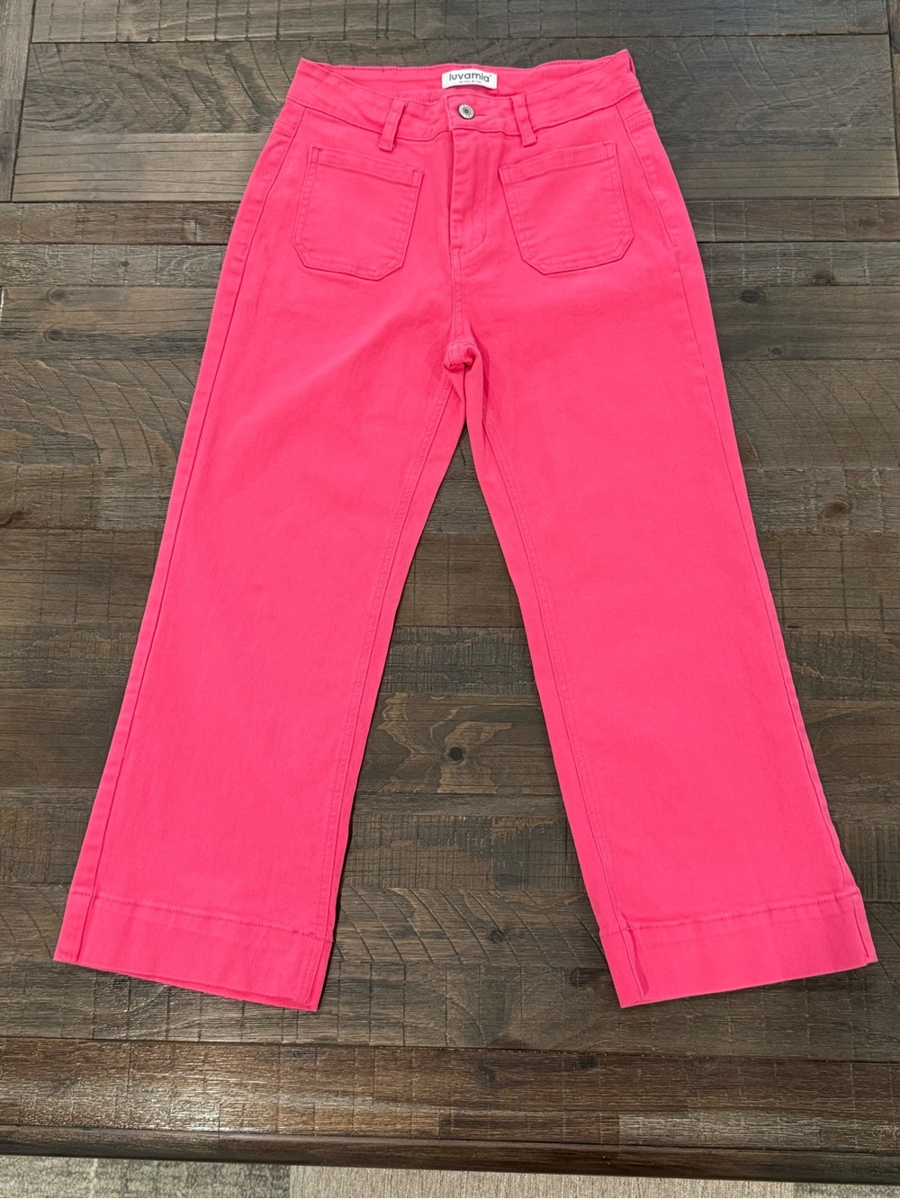 Luvamia Pink Denim Wide Leg Jeans Trendy High Waisted Flare Cropped Pants S